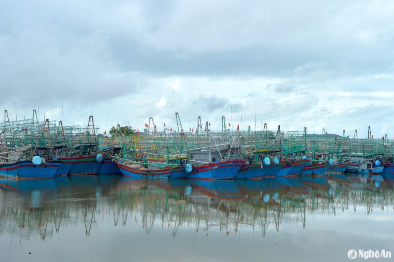 Tàu thuyền chen chúc nhau đậu thành 2 lớp ở lạch Quèn, xã Tiến Thủy, huyện Quỳnh Lưu.